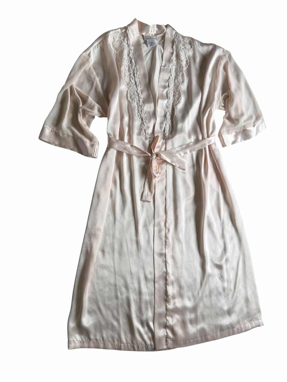 🌟Alexandra Nicole Vintage Light Pink Silky Feel Lace-Trim Robe with Tie Belt